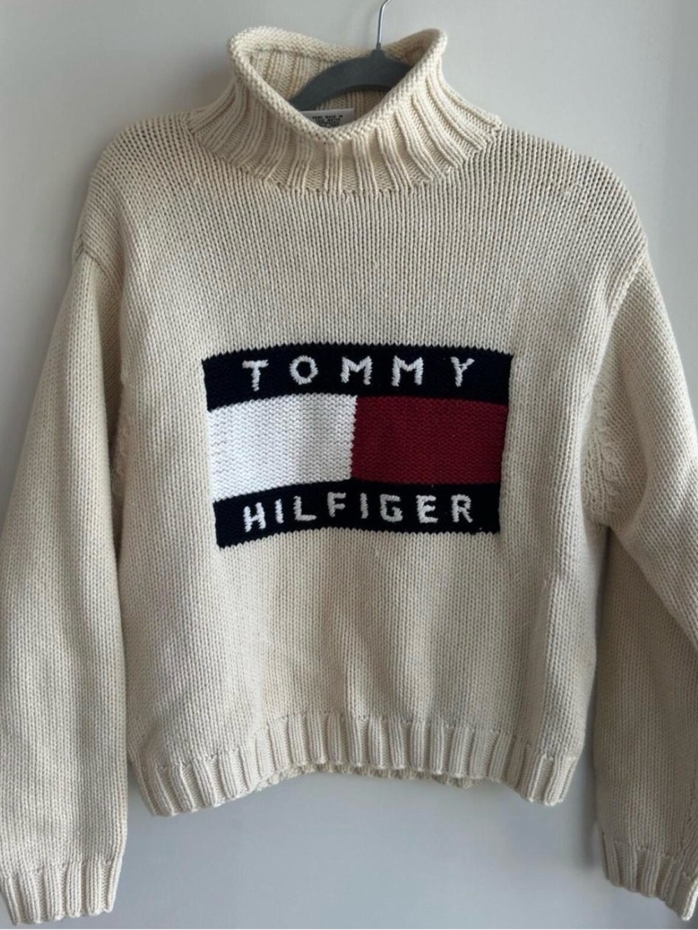 Tommy Hilfiger Cream Turtleneck Sweater with Red, White & Navy Logo